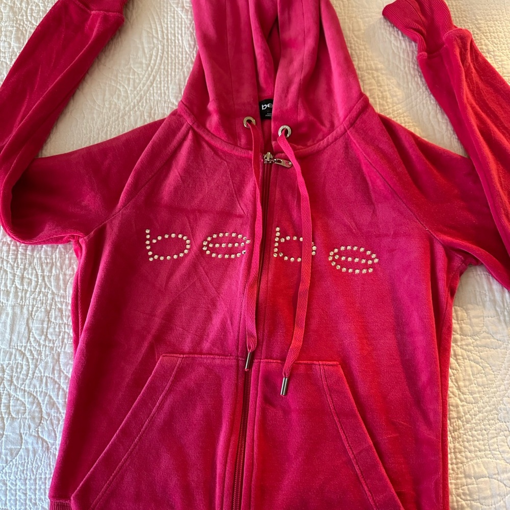 Bebe Pink Rhinestone Embellished Hoodie Sweatshirt